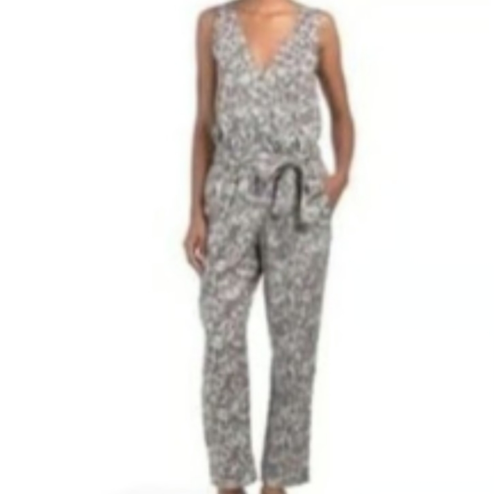 Anthropologie Cloth & Stone Floral Jumpsuit - Gray and White